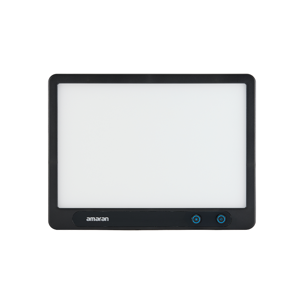 Rectangular light panel with black frame and 'amaran' branding on a white background
